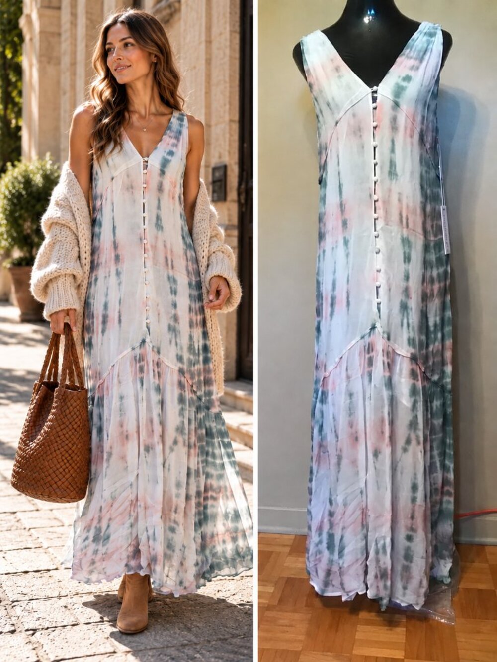 YFB Green Cream Tie Dye Maxi Dress V Neck Tiered Boho Coastal Grandma M